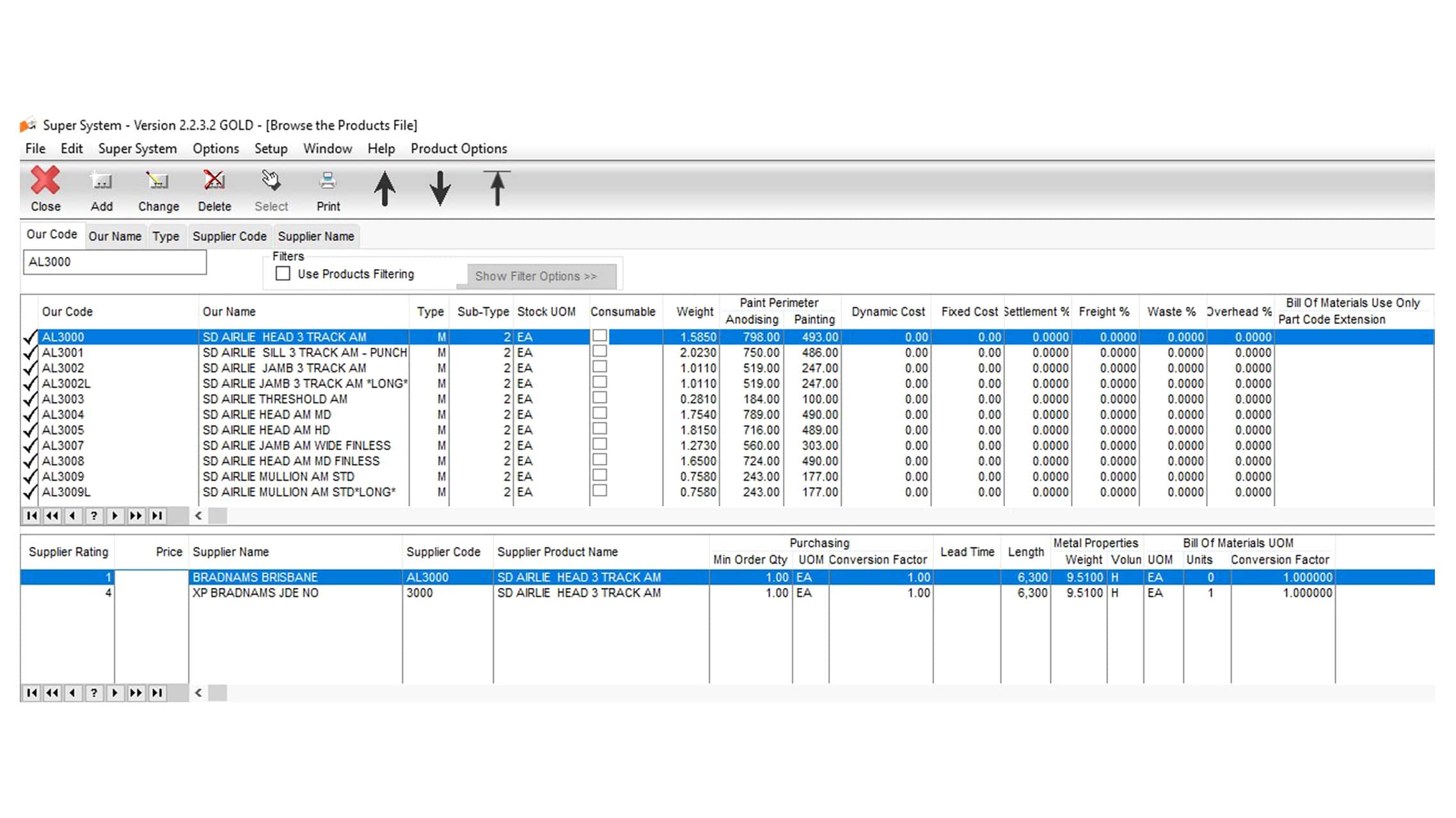 Business Software list of window and door extrusions