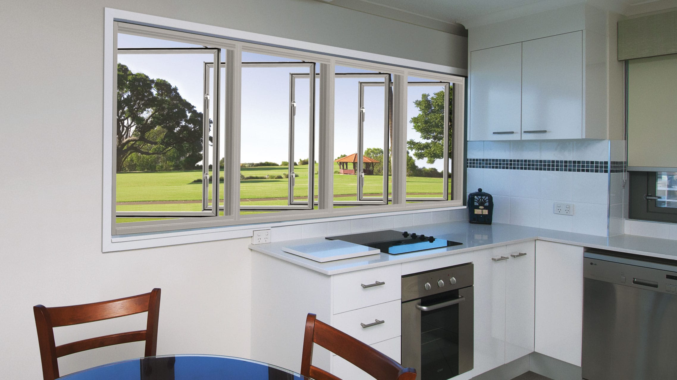 White Aluminium Casement Windows above a kitchen bench