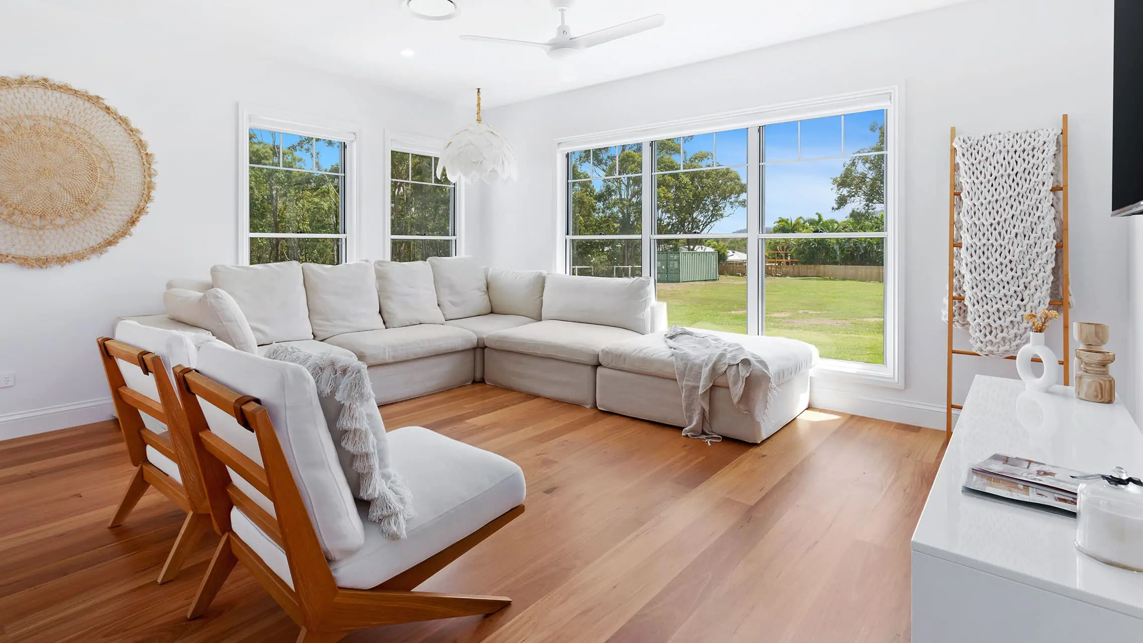 White Double Hung Windows in living room