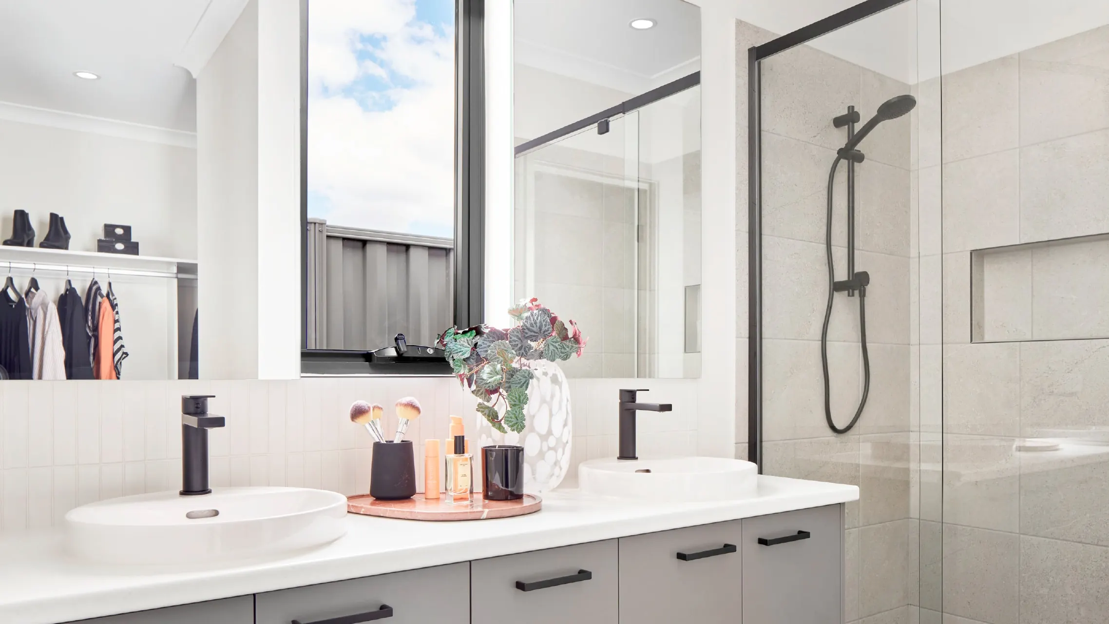 Small Black Awning Window in bathroom