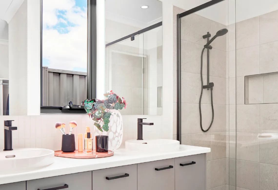 Hybrid awning window in bathroom